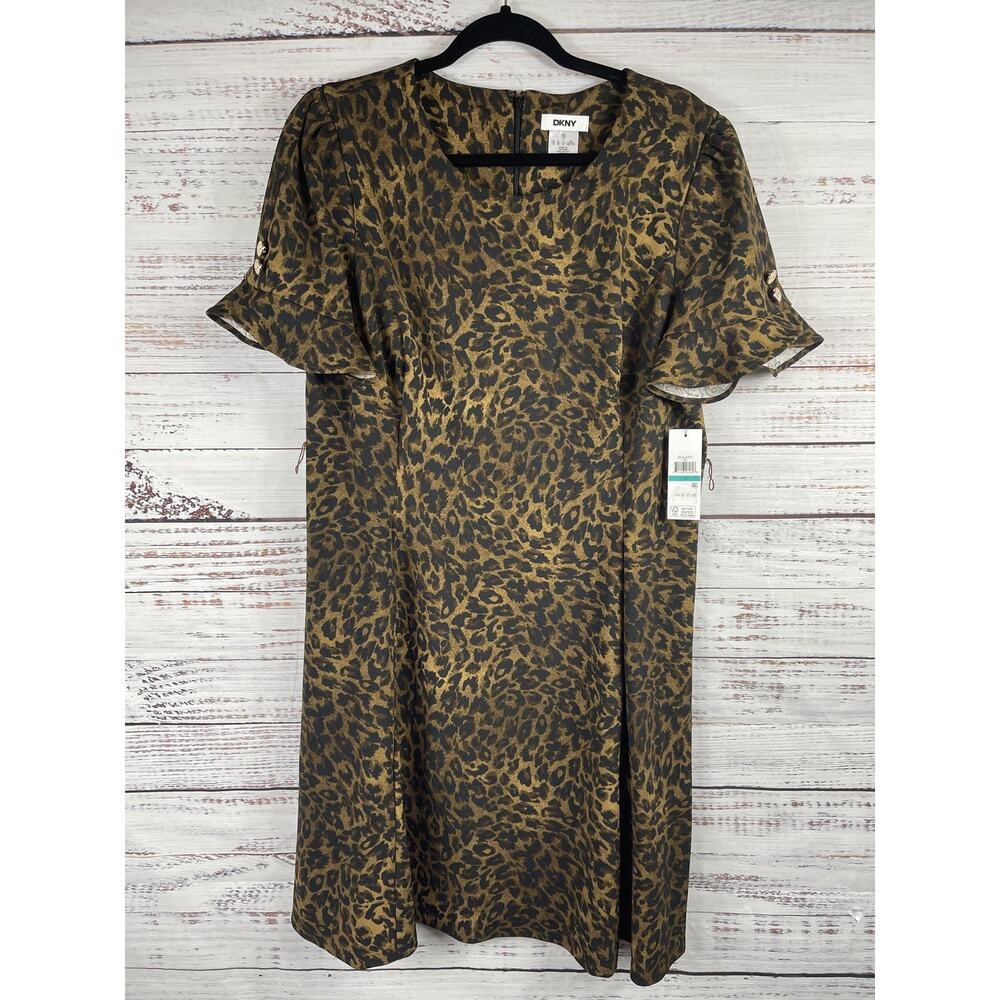 DKNY Dress Women's 16 Brown Black Animal Print Leopard Short Sleeve Midi Pockets